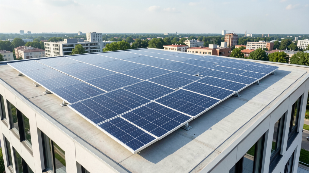 nouveaux panneaux photovoltaïques installés sur le toit d'un bâtiment moderne, capturant la lumière du soleil