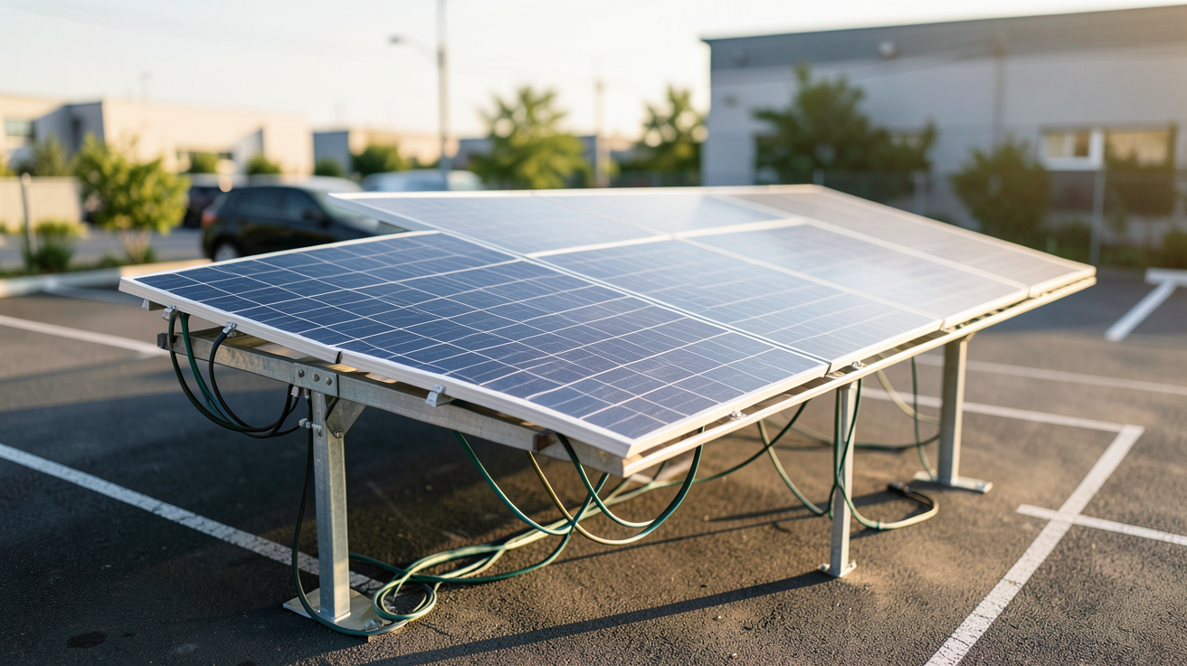 ombrière photovoltaïque installée sur un parking avec panneaux solaires et câbles électriques