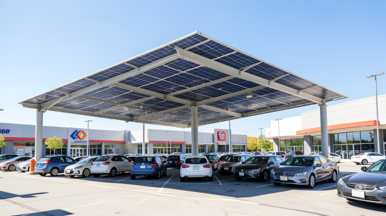 ombriére photovoltaïque installée au-dessus d'un parking avec des panneaux solaires