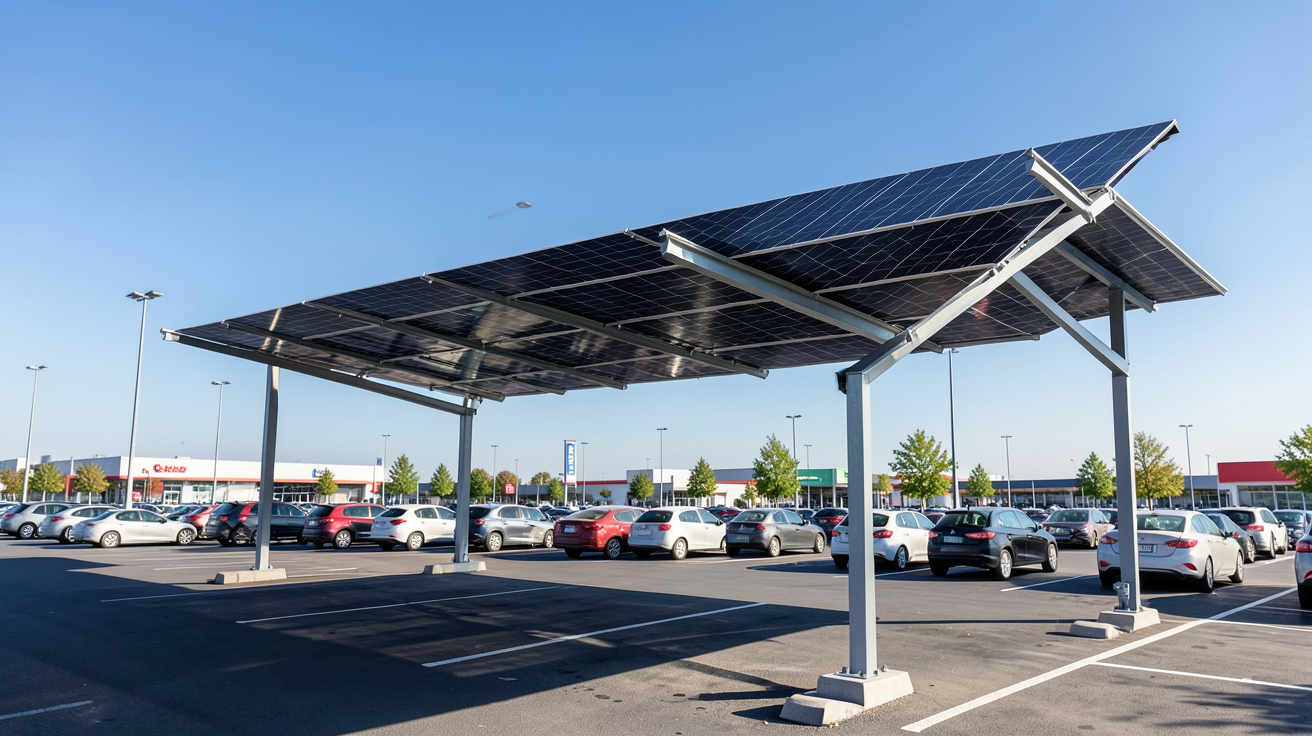 ombrière photovoltaïque installée sur un parking de supermarché avec des panneaux solaires noirs