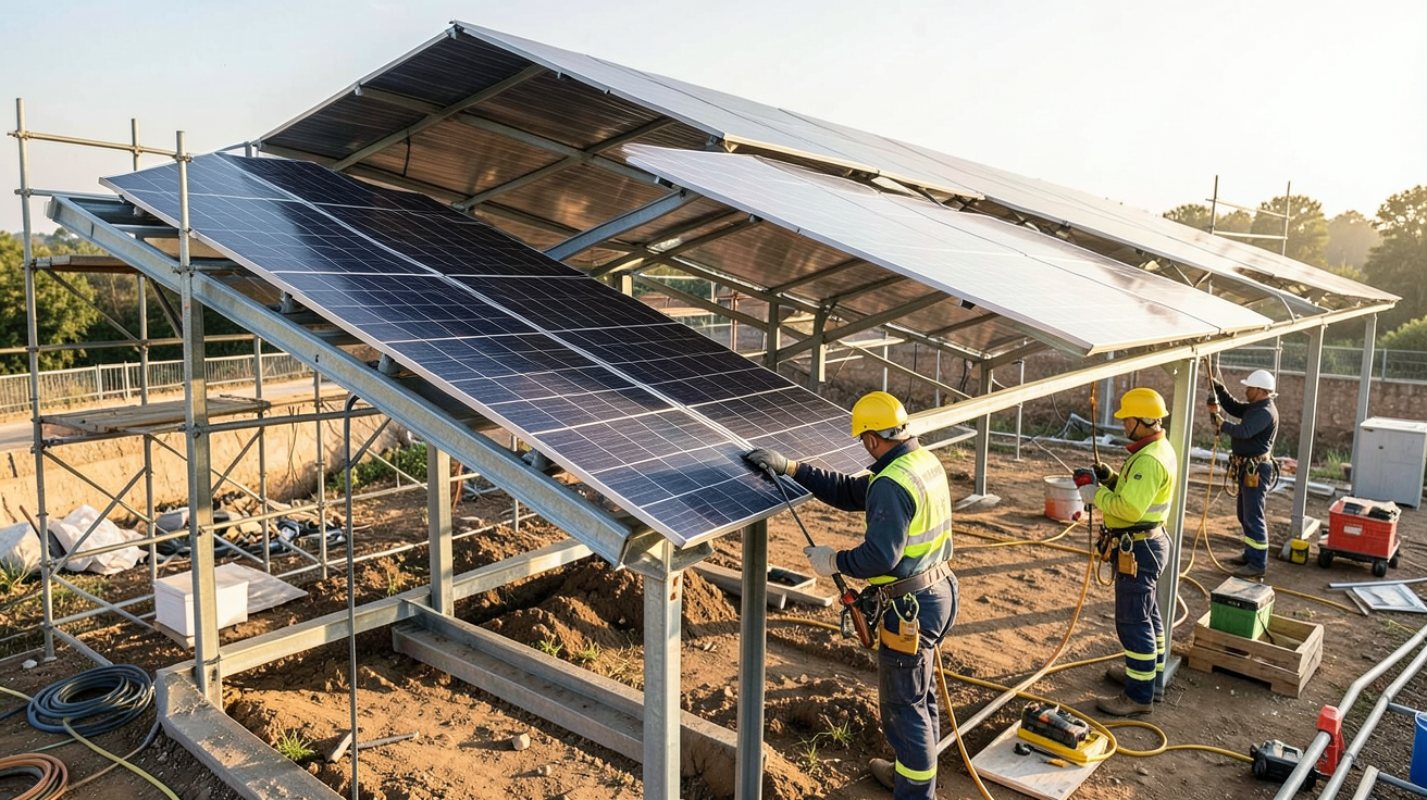 ombriere photovoltaïque en cours d'installation étape par étape avec techniciens et structure métallique