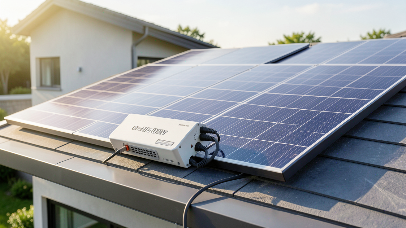 onduleur 3000W connecté à des panneaux solaires sur le toit d'une maison moderne pour l'autoconsommation