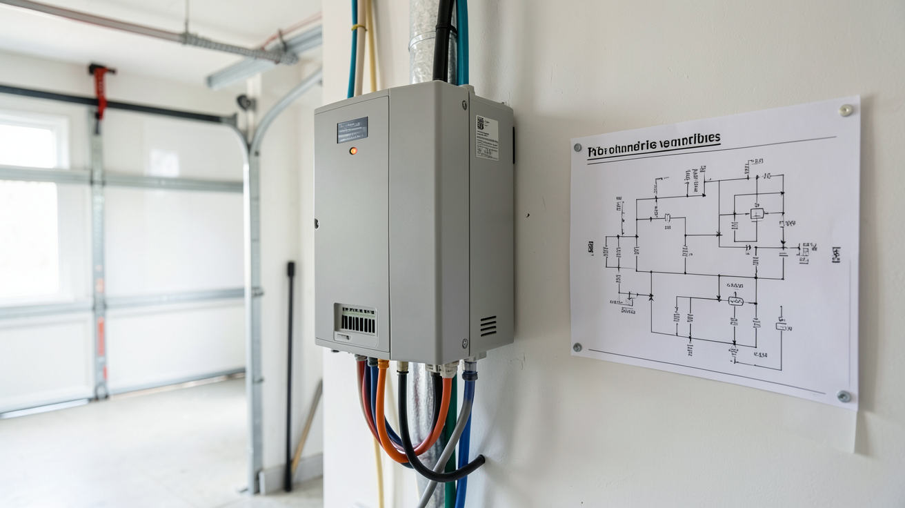 onduleur 3000W installé dans un garage avec schéma de connexion à côté