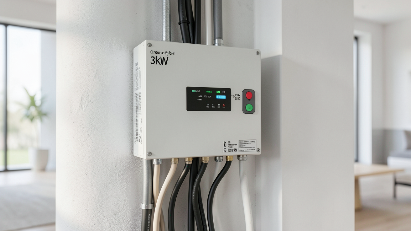 onduleur 3kW hybride installé dans une maison contemporaine avec des câbles organisés