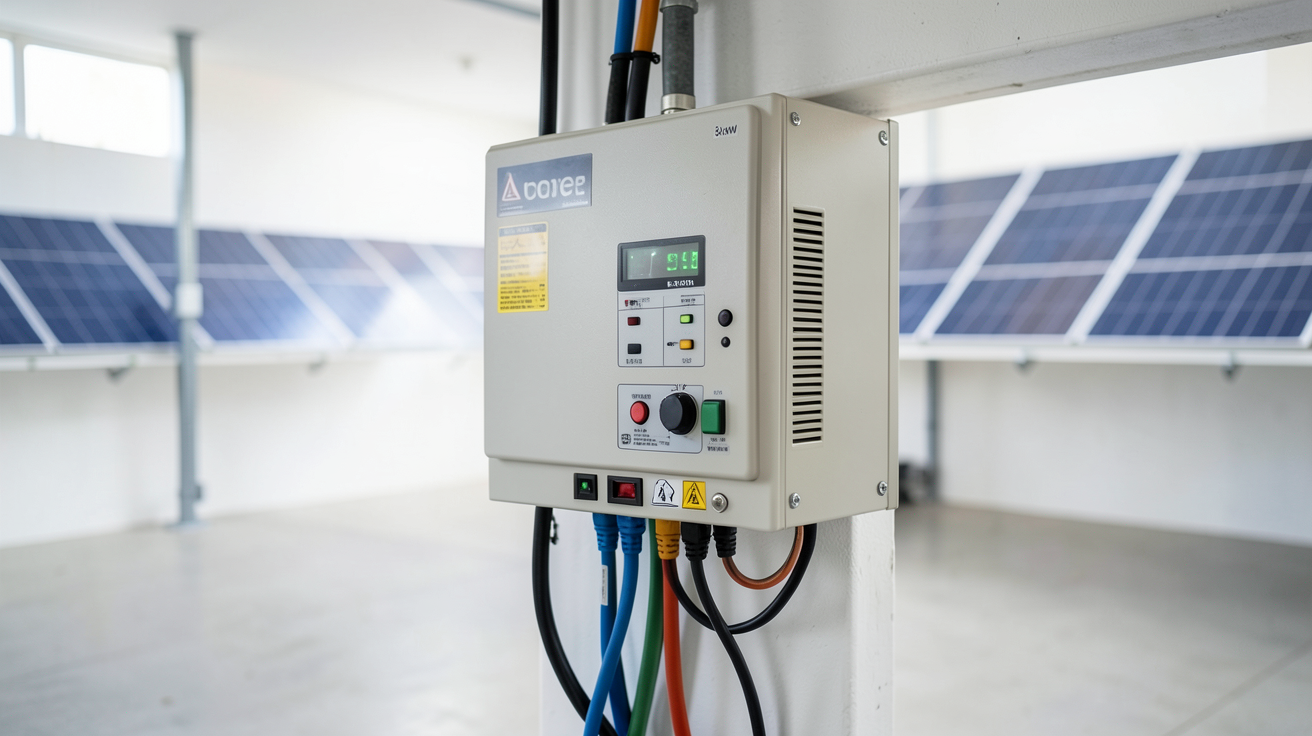 onduleur hybride 3kW installé dans un garage avec panneaux solaires en arrière-plan
