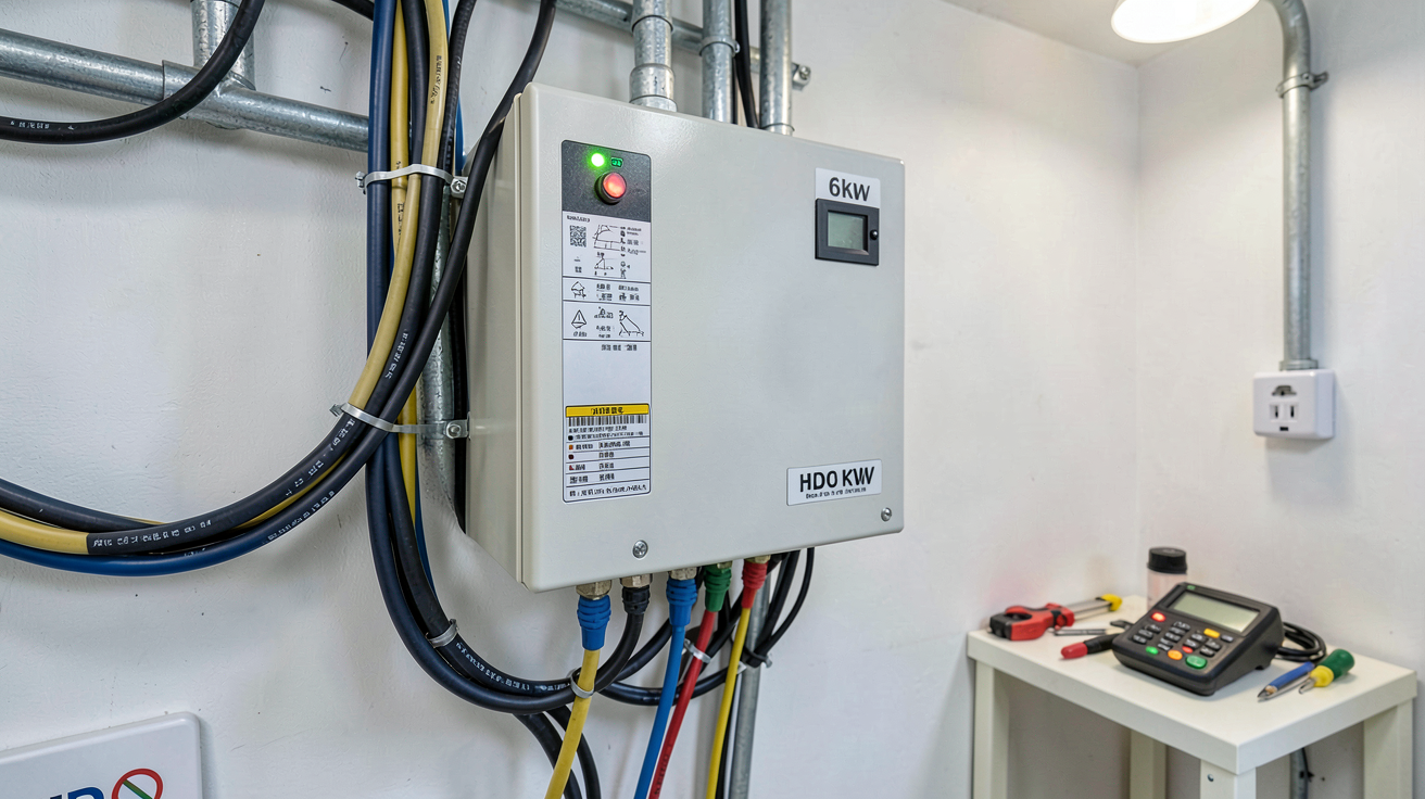 onduleur 6kW installé dans un local technique avec câbles électriques et outils de mesure