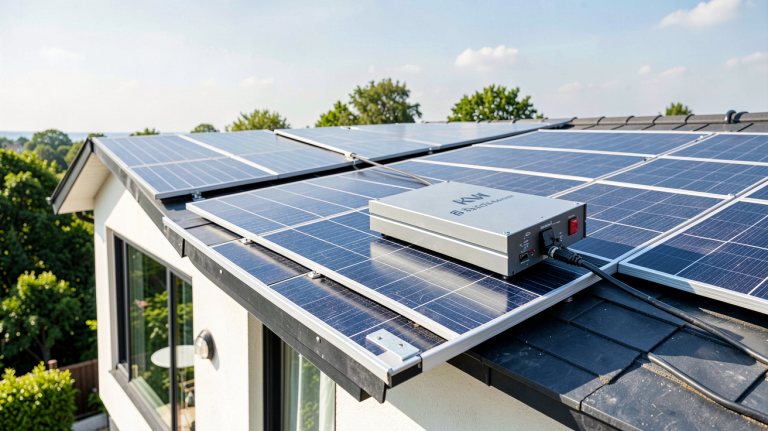 onduleur 6kw installé sur le toit d'une maison avec panneaux solaires, en pleine lumière naturelle