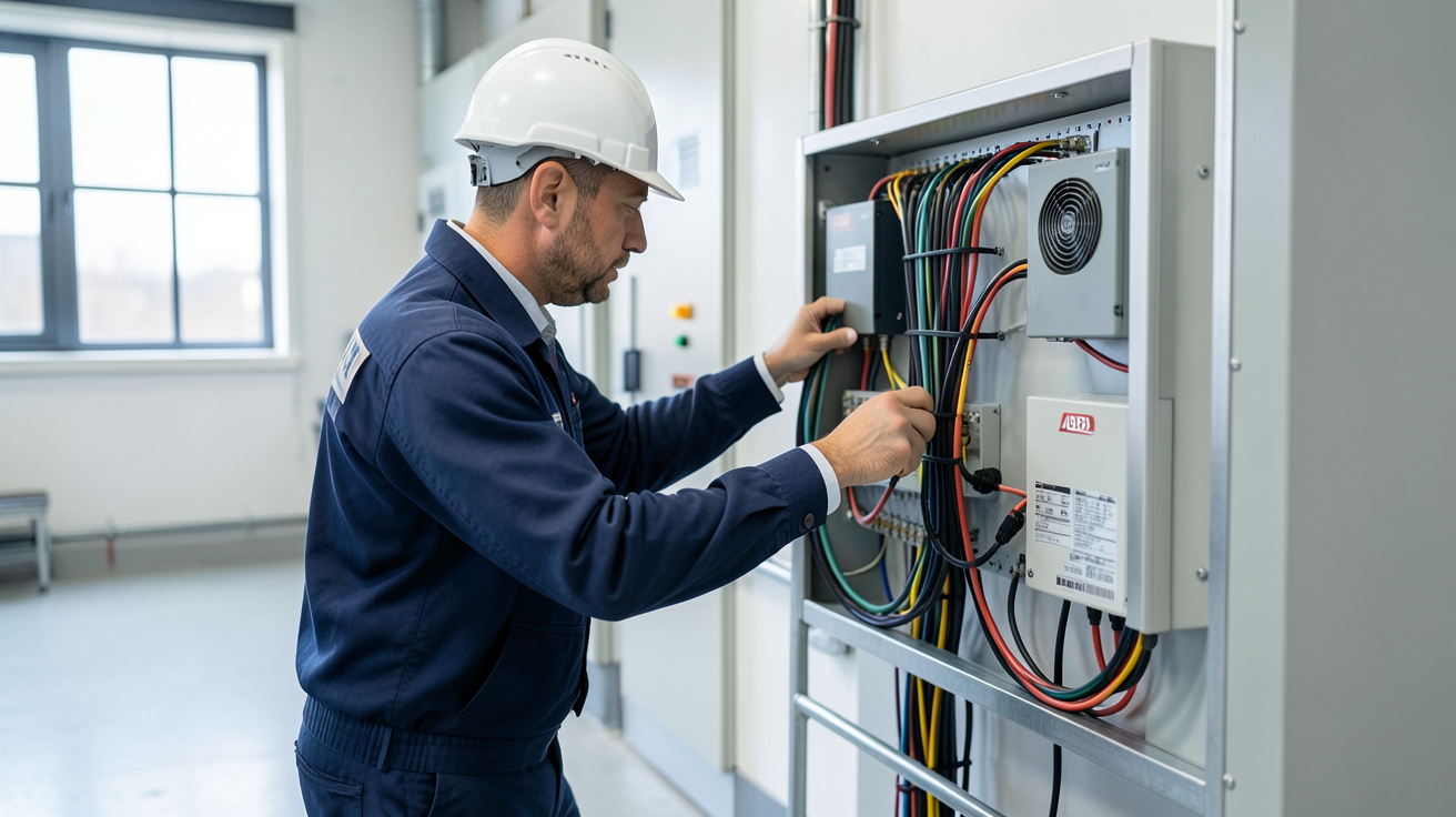 onduleur ABB en cours d'installation par un technicien dans un environnement industriel