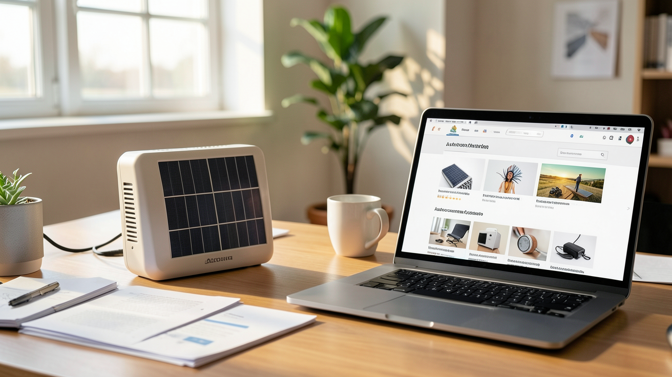 onduleur autoconsommation posé sur un bureau avec écran d'ordinateur affichant un site de vente en ligne