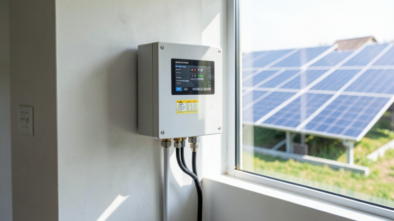 onduleur autoconsommation installé dans une maison moderne avec panneaux solaires visibles à travers la fenêtre