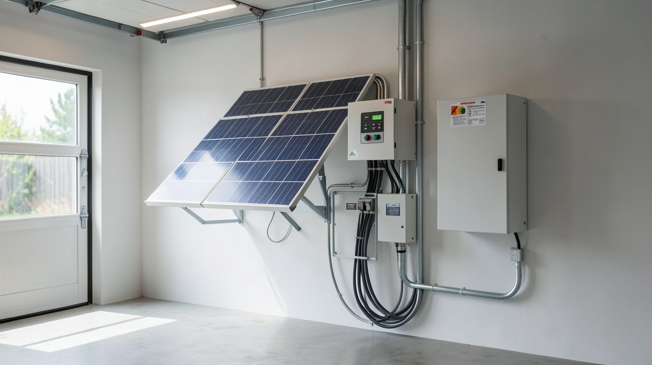 onduleur batterie panneau solaire hybride installé dans un garage moderne avec des panneaux solaires en arrière-plan