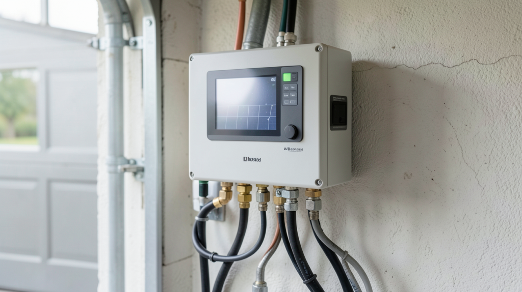 onduleur batterie panneau solaire installé dans un garage résidentiel avec des câbles organisés
