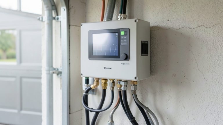 onduleur batterie panneau solaire installé dans un garage résidentiel avec des câbles organisés