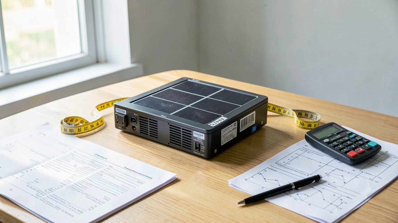 onduleur batterie solaire posé sur une table avec documents techniques pour le dimensionnement