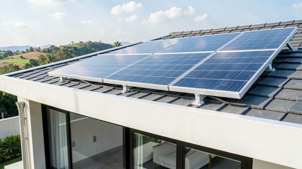onduleur batterie solaire installé sur le toit d'une maison moderne, capturé en haute résolution