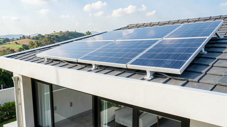 onduleur batterie solaire installé sur le toit d'une maison moderne, capturé en haute résolution