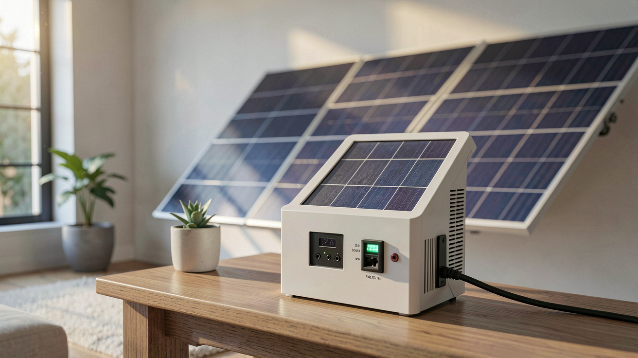 onduleur batterie solaire moderne installé à domicile avec panneaux photovoltaïques en arrière-plan