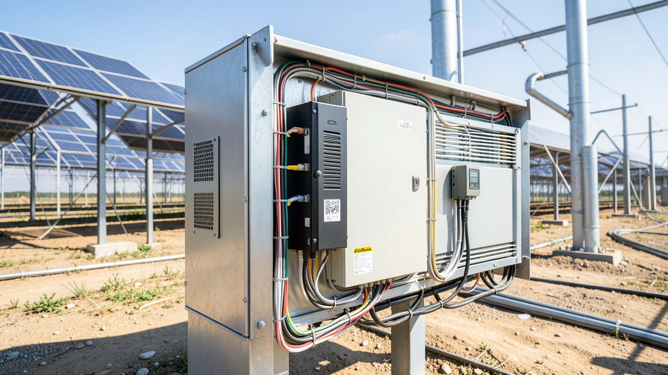onduleur central installé dans une infrastructure de production d'énergie solaire