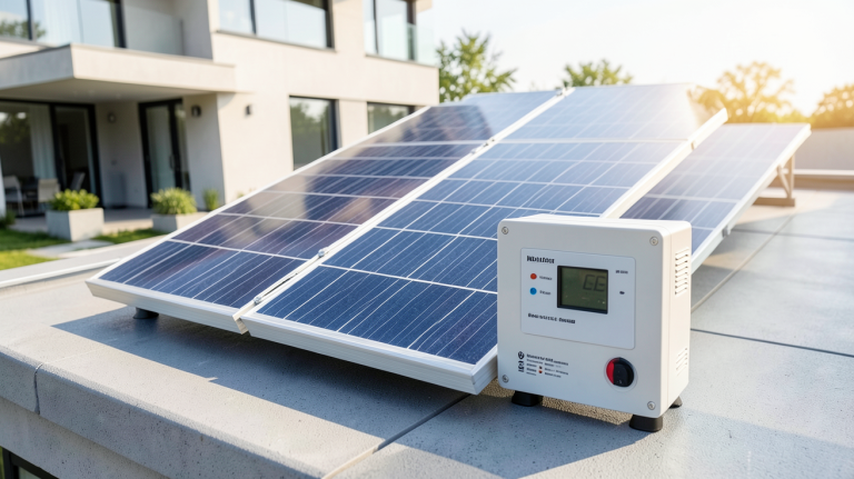 onduleur central ou micro onduleur installé à côté d'un panneau solaire sur le toit d'une maison moderne