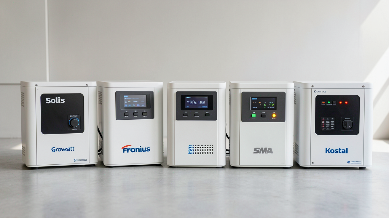 onduleur centrale photovoltaïque comparatif des marques Solis, Fronius, Growatt, SMA et Kostal présentées côte à côte en disposition professionnelle.