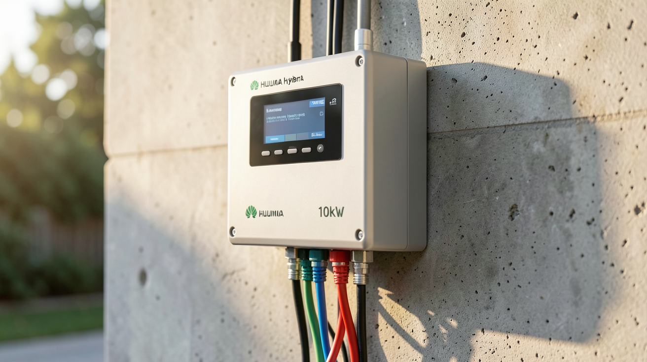 onduleur hybride 10kW Huawei installé à l'extérieur sur un mur en béton avec des câbles électriques