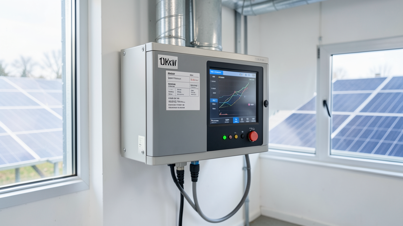onduleur hybride 10kW installé dans un local technique avec panneaux solaires en arrière-plan