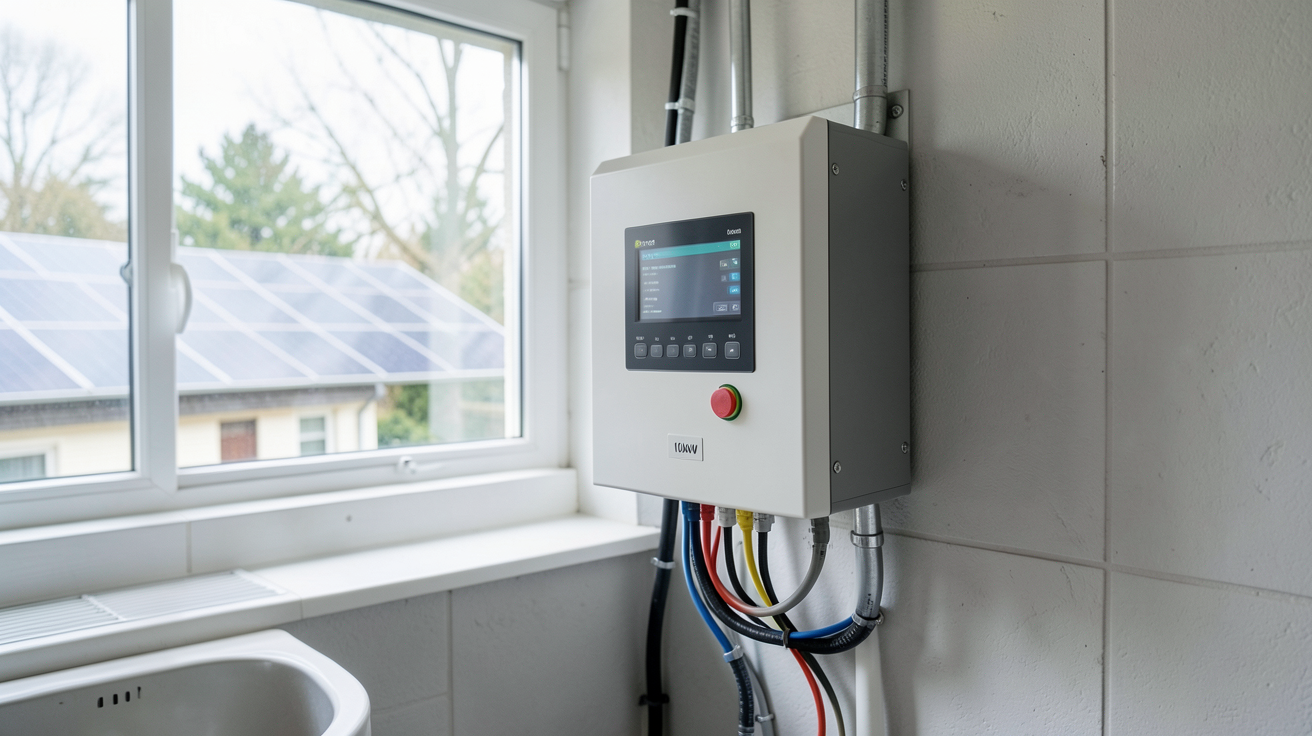 onduleur hybride 10kW installé dans une maison avec des panneaux solaires en arrière-plan