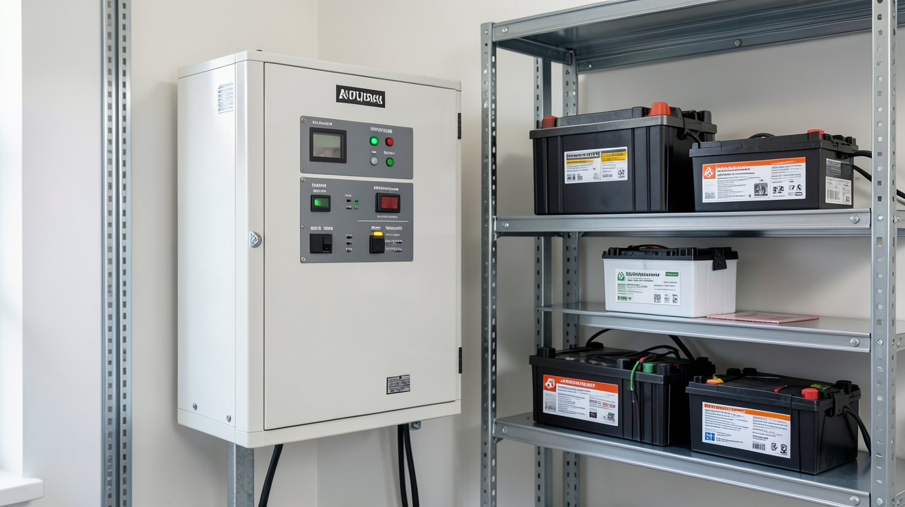 onduleur hybride 10kW monophasé avec différentes batteries compatibles (lithium-ion, plomb-acide, gel) disposées dans un local technique