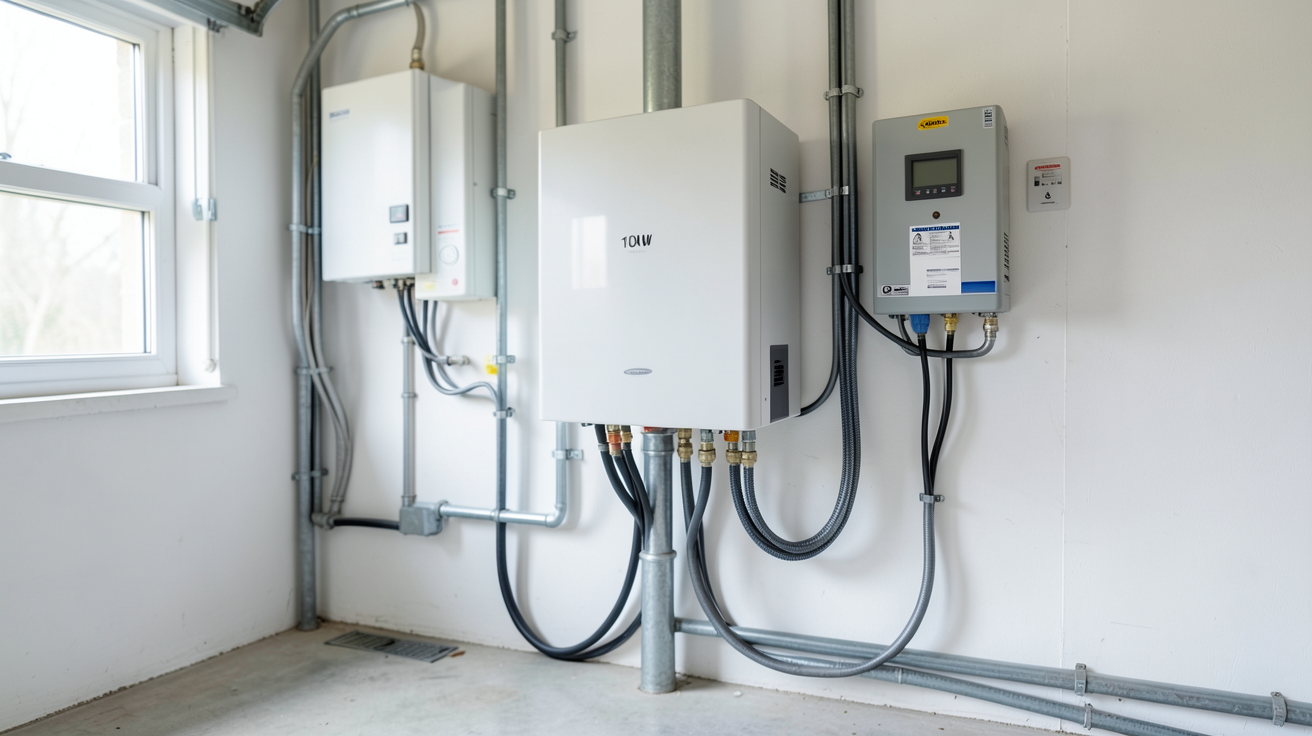 onduleur hybride 10kW monophasé installé dans un garage avec des câbles électriques organisés