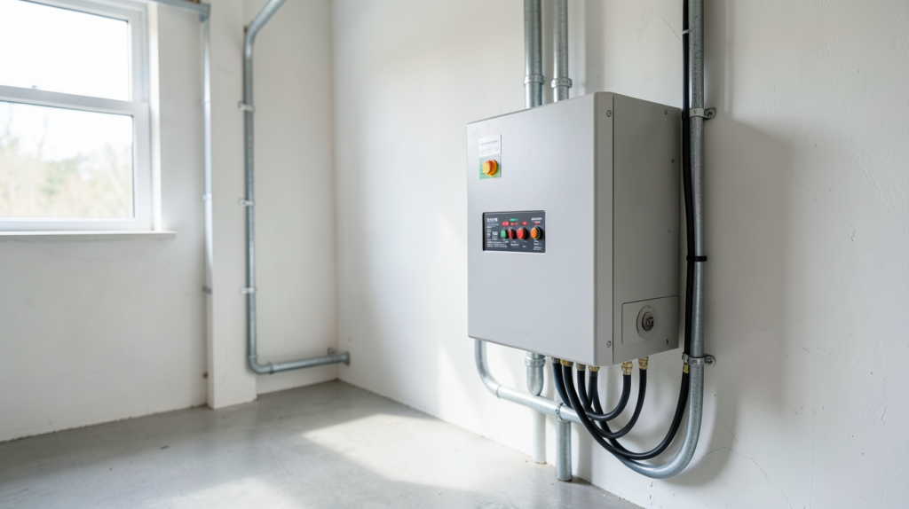 onduleur hybride 10kW monophasé installé dans un garage moderne avec câbles organisés