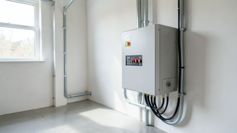 onduleur hybride 10kW monophasé installé dans un garage moderne avec câbles organisés