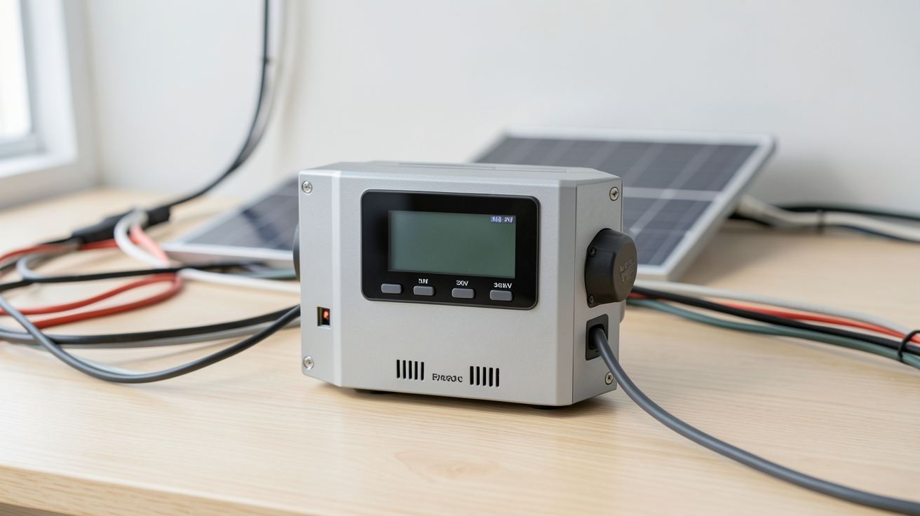 onduleur hybride 3kW 24V avec écran LCD intégré posé sur une surface en bois clair