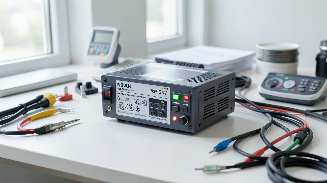 onduleur hybride 3kW 24V posé sur une table de travail avec outils de mesure et câbles électriques