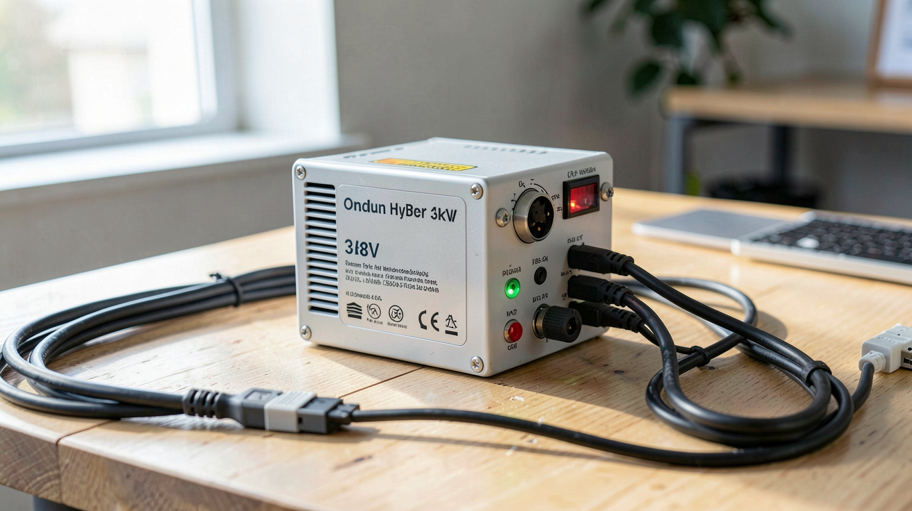 onduleur hybride 3kW 48V posé sur une table avec câbles et connecteurs solaires