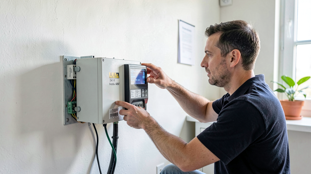 onduleur hybride 3kW 48V en cours d'installation par un technicien dans un tableau électrique domestique