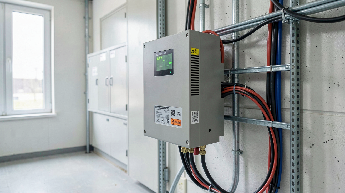 onduleur hybride 3 kW 48 V installé dans un local technique avec câbles organisés