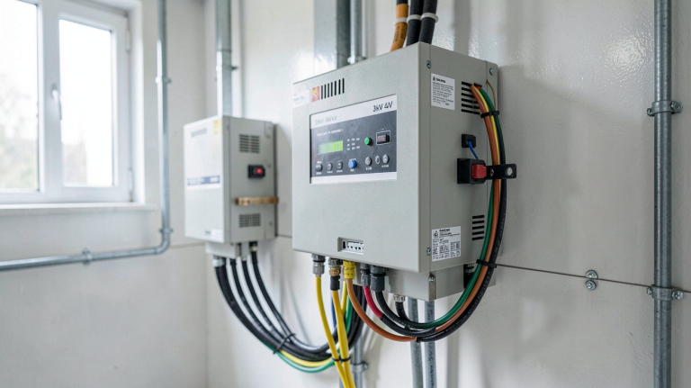 onduleur hybride 3kW 48V installé dans un local technique professionnel avec câbles organisés