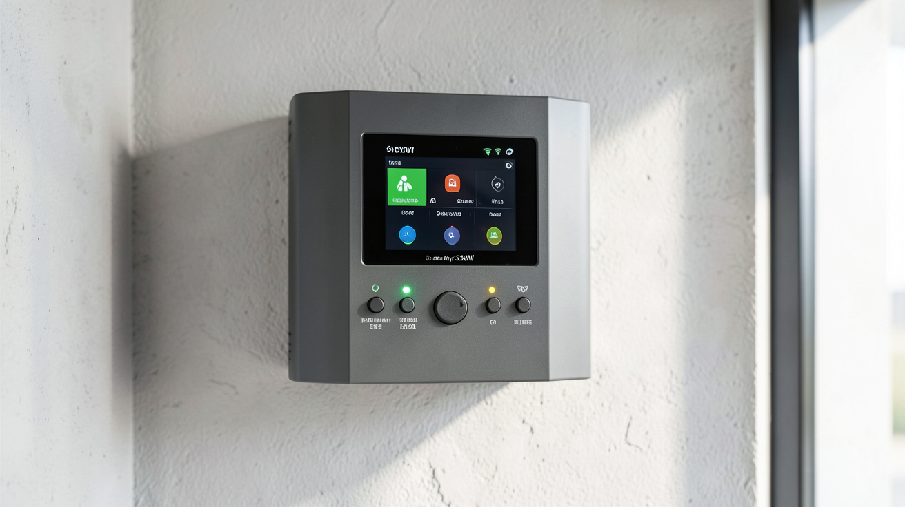 onduleur hybride 3kw installé sur un mur, affichant son tableau de bord avec les indicateurs de performance