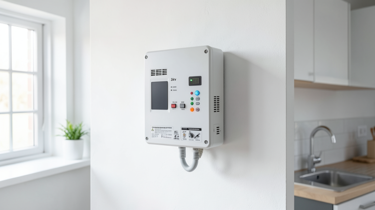 onduleur hybride 3kw installé sur un mur dans une habitation moderne