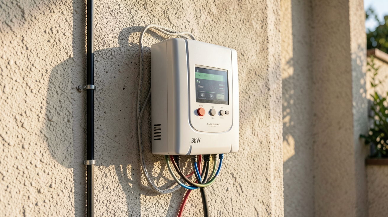 onduleur hybride 3kw installé sur un mur extérieur avec câbles et panneaux solaires en arrière-plan