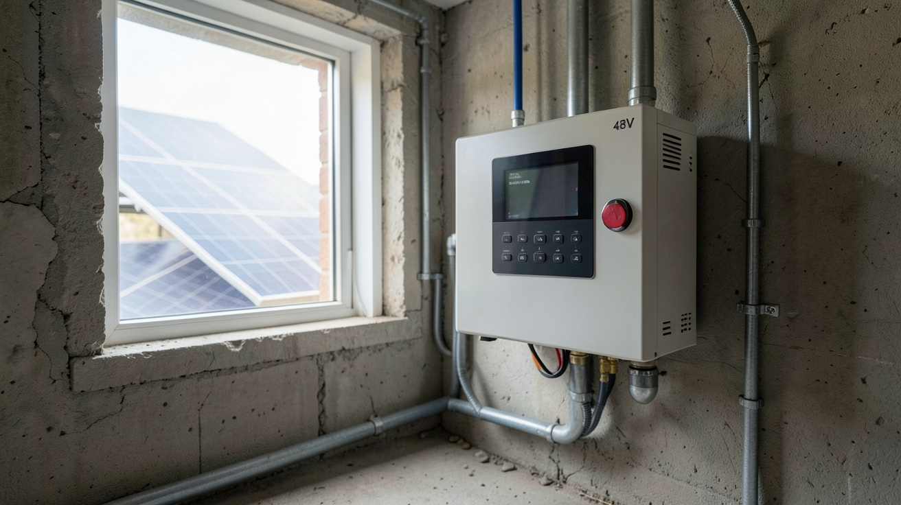 onduleur hybride 48V installé dans un garage technique avec batteries et panneaux solaires