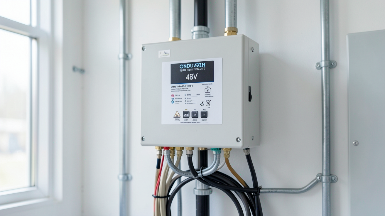 onduleur hybride 48V installé dans un local technique avec câbles organisés
