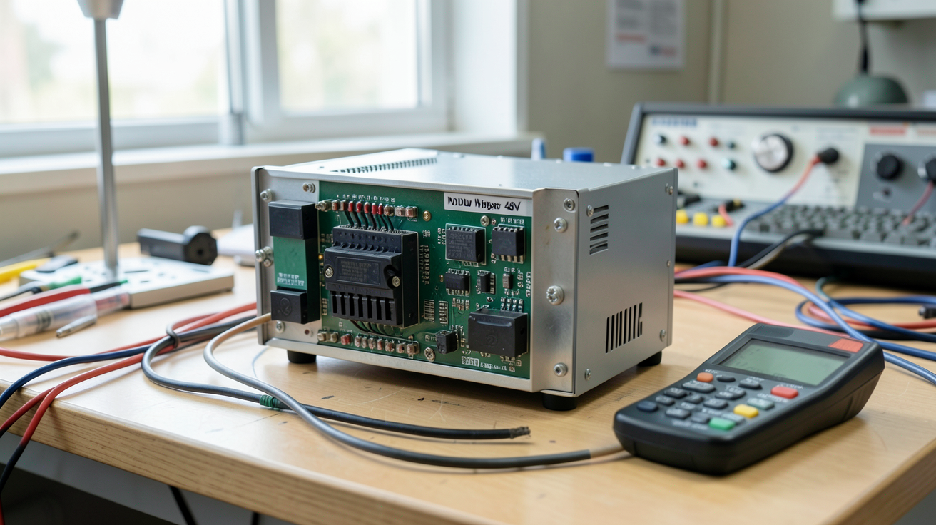 onduleur hybride 48V professionnel posé sur une table de travail technique avec câbles et multimètre