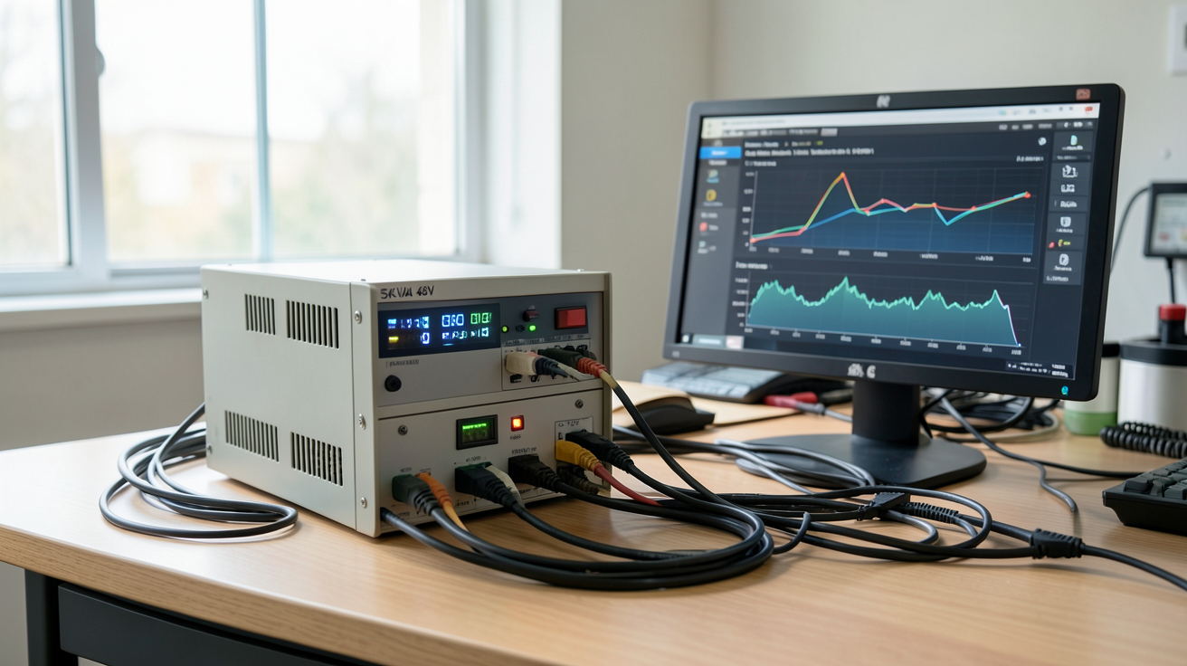 onduleur hybride 5kVA 48V posé sur un bureau technique avec écran LED allumé