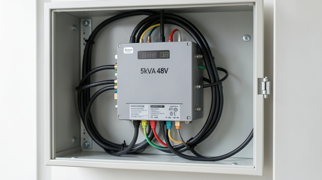 onduleur hybride 5kVA 48V installé dans un coffret électrique avec câbles organisés pour une mise en service