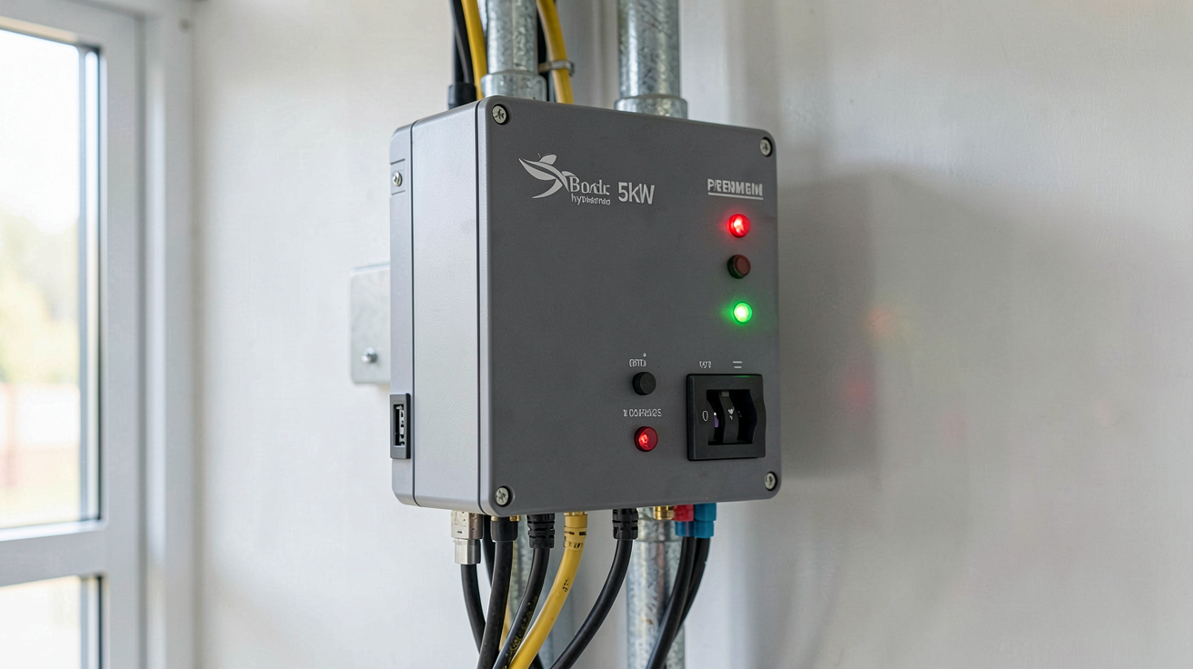 onduleur hybride 5kW installé dans un local technique avec câbles organisés et voyants lumineux