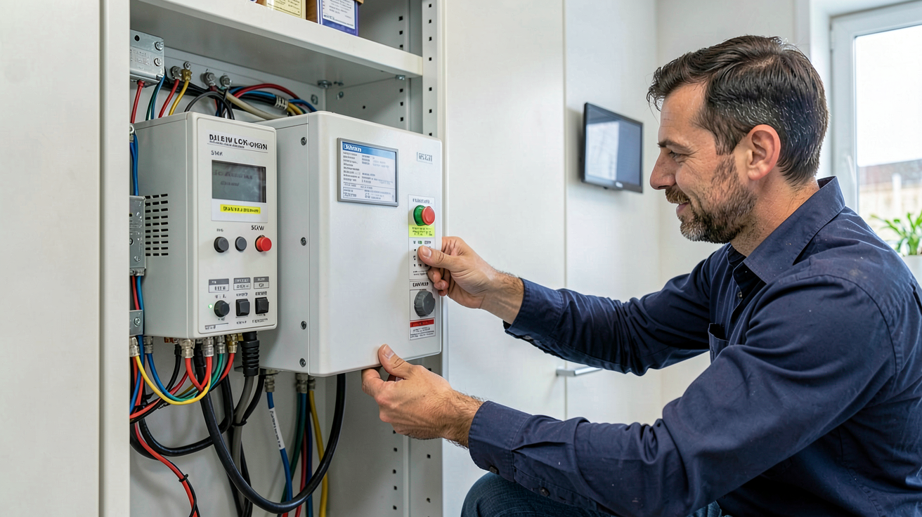 onduleur hybride 5kW en cours d'installation dans un tableau électrique par un technicien