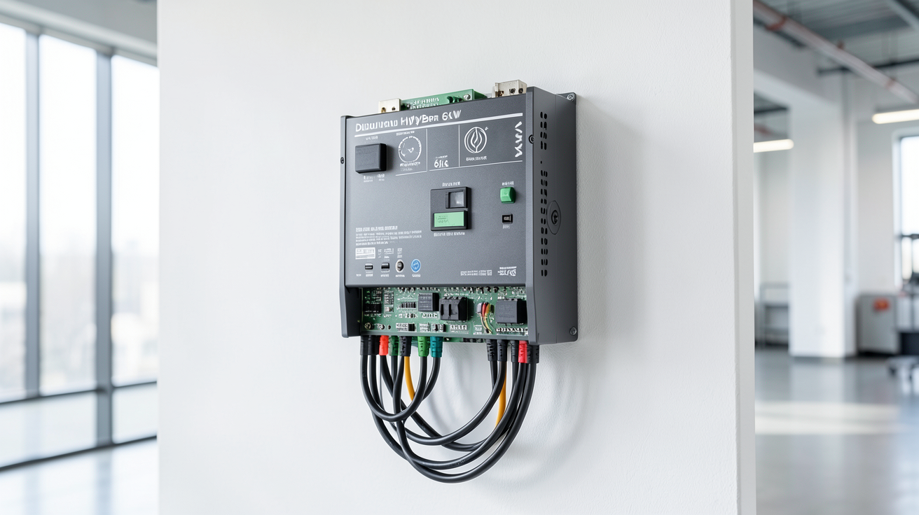 onduleur hybride 6kw installé dans un garage ou un local technique propre et moderne