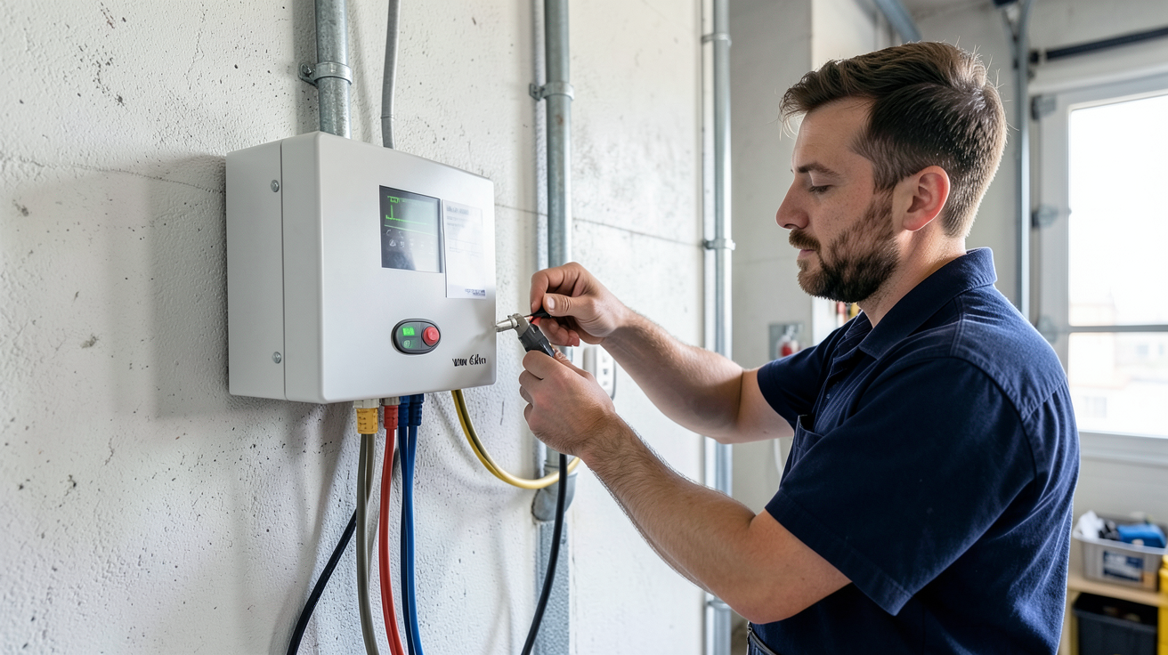 onduleur hybride 6kw en cours d'installation et de mise en service par un technicien