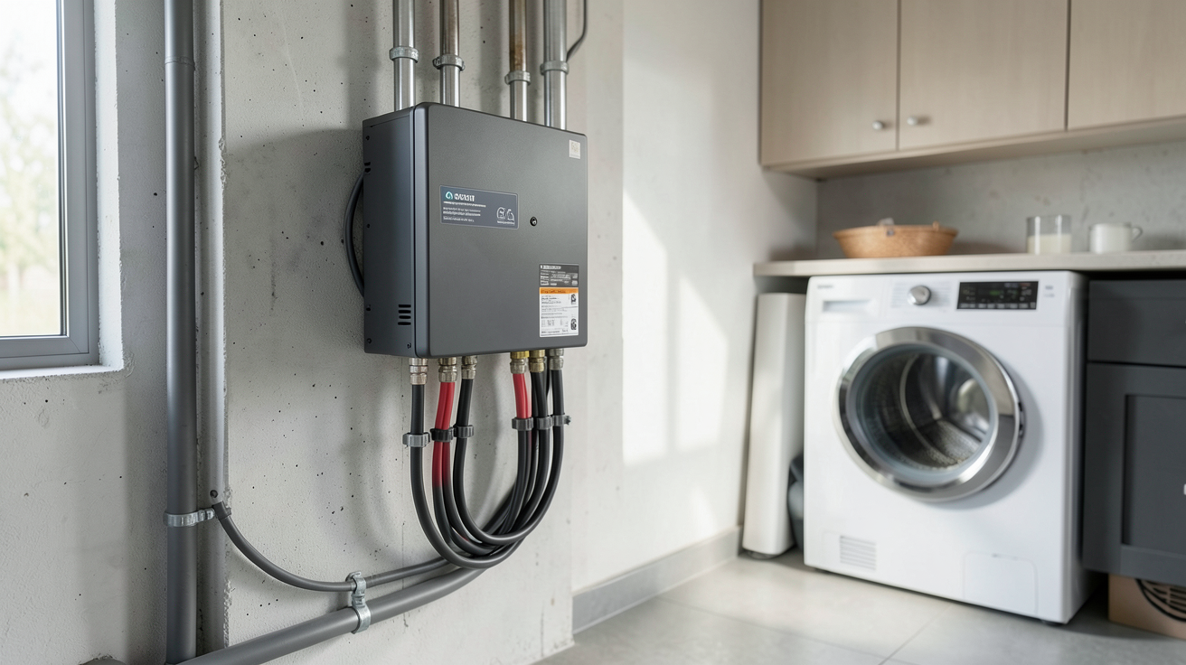onduleur hybride installé dans un garage d'une maison moderne avec câbles électriques organisés